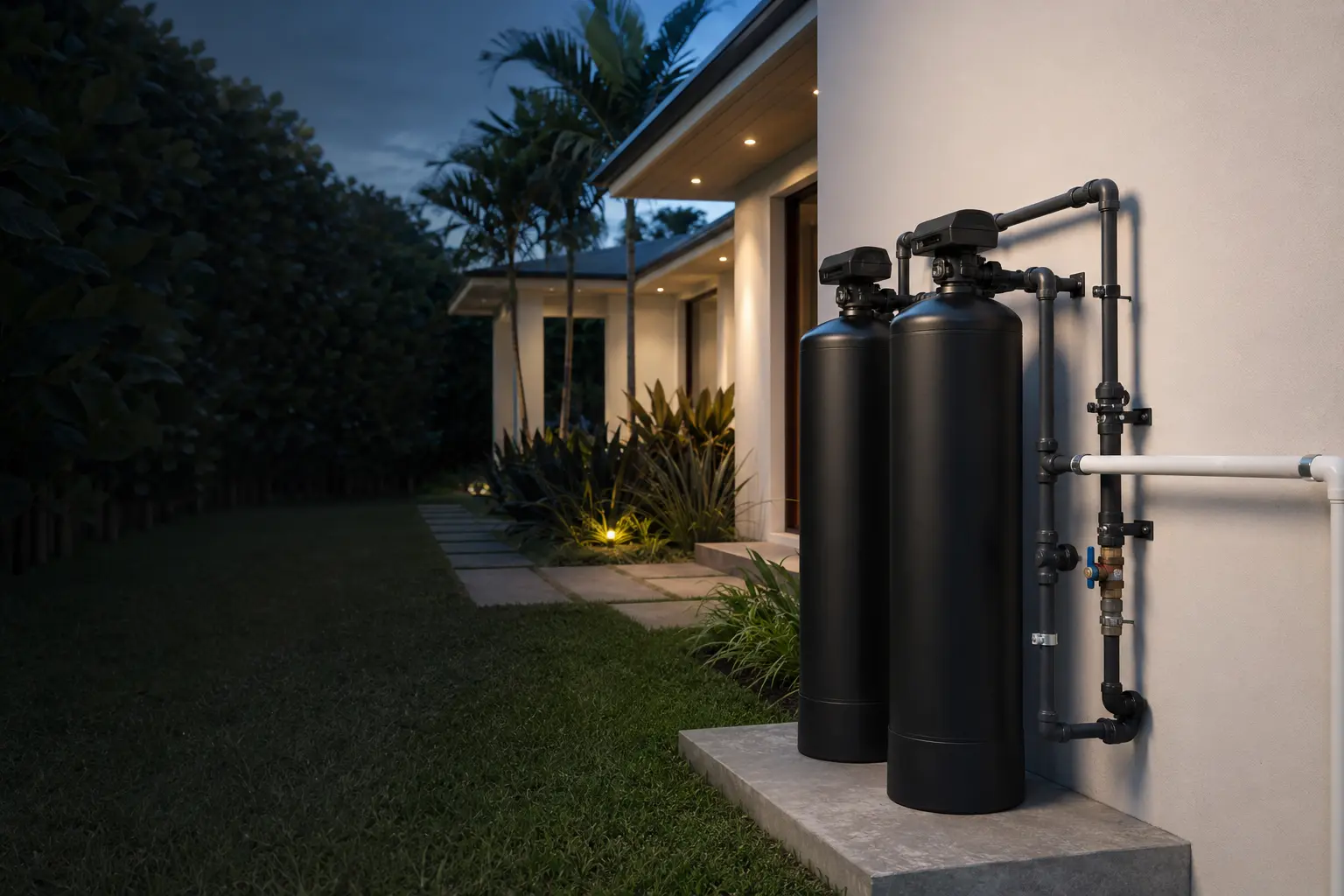 Whole-home filtration equipment beside a modern Miami-area home