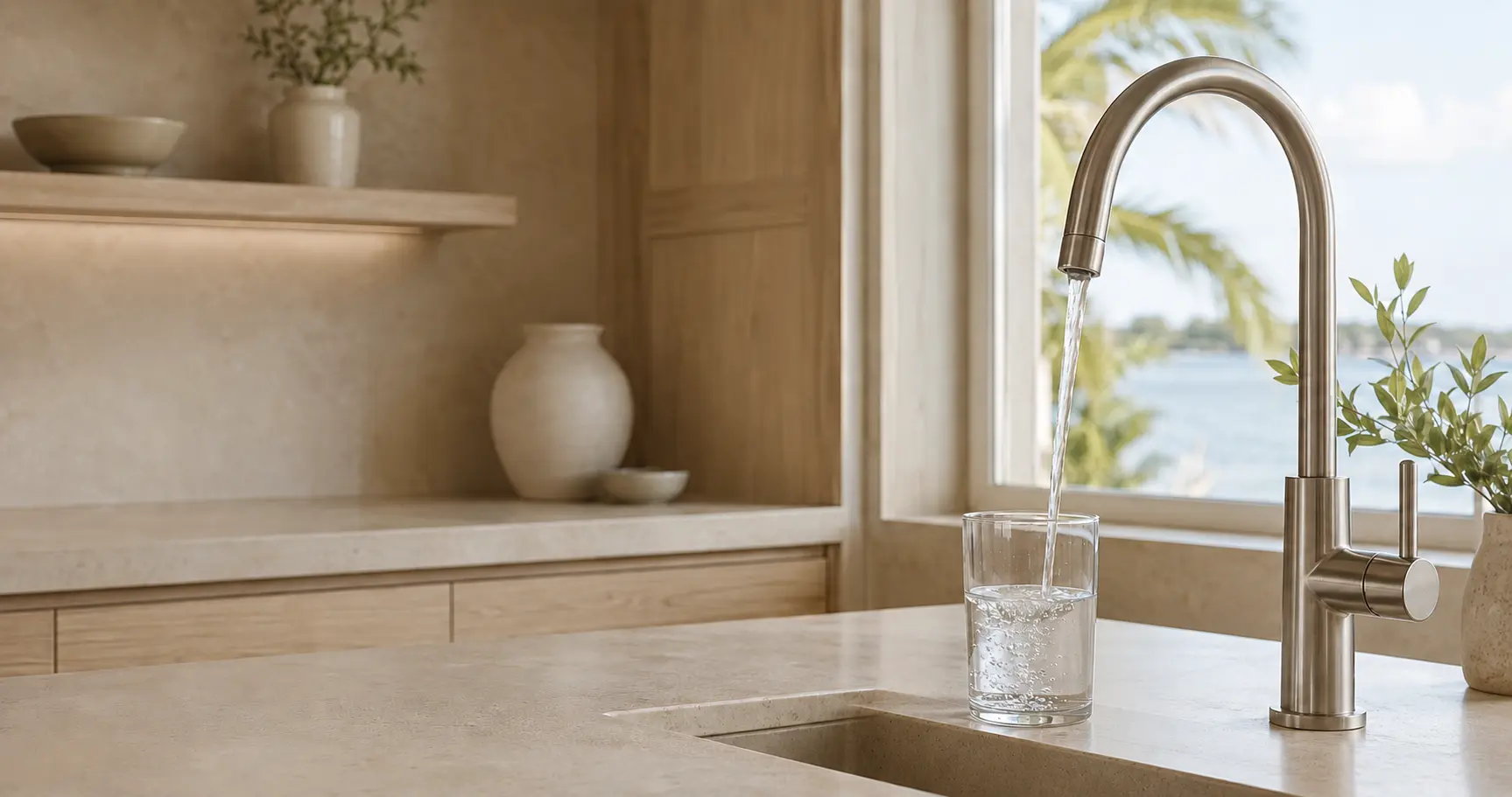 Clear tap water running from a kitchen faucet