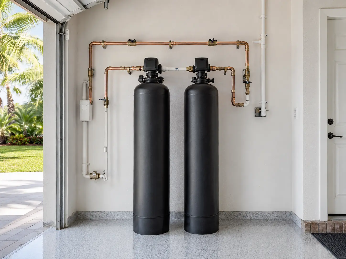 Professionally installed whole-home water filtration tanks in a South Florida garage